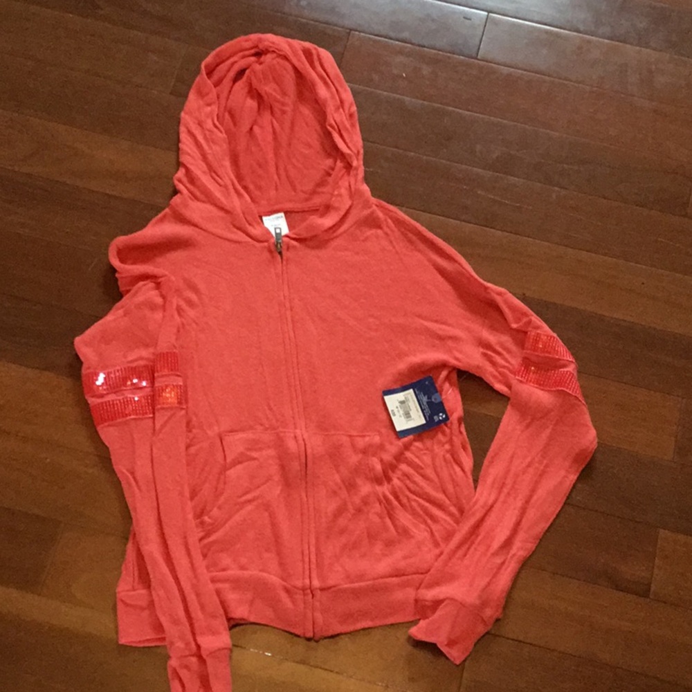 Coral Hooded Zip Cardigan w/Sequin Stripe Sleeves
